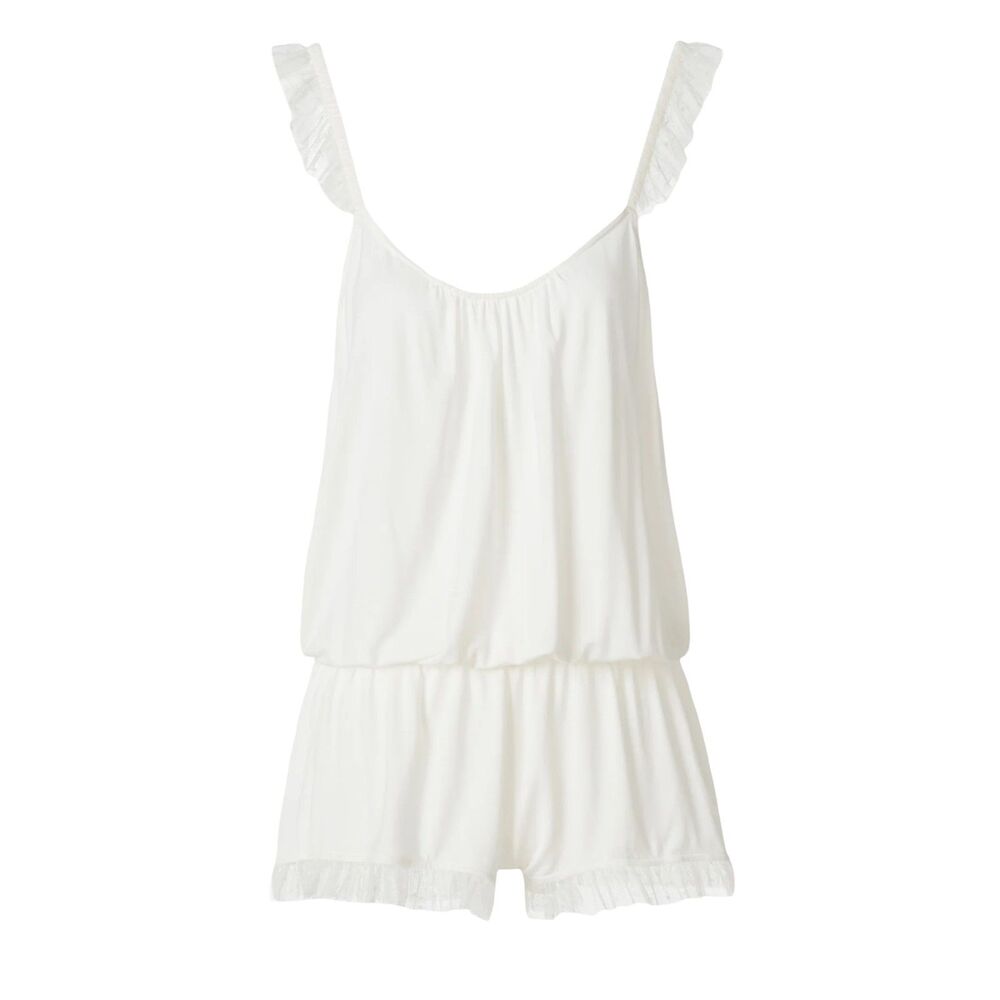 Eberjey Cecilia Enchanted Teddy Romper NWOT Ivory Swiss Dot Mesh Ruffle PJ Sz L